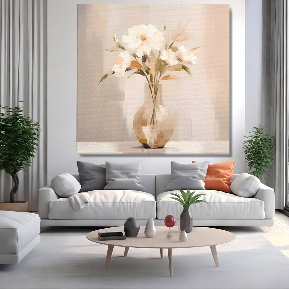 Tablou canvas cu tablou patrat cu vaza si flori albe, fara rama, pe sasiu de lemn, pe perete intr-un living